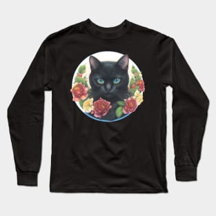 black cat with flowers Long Sleeve T-Shirt